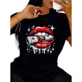 Vibrant Red Lips & Dollar Print Crew Neck T-Shirt - Stylish Casual Short Sleeve Top For Women - All-Season Comfortable Fashion Wear With Relaxed Fit