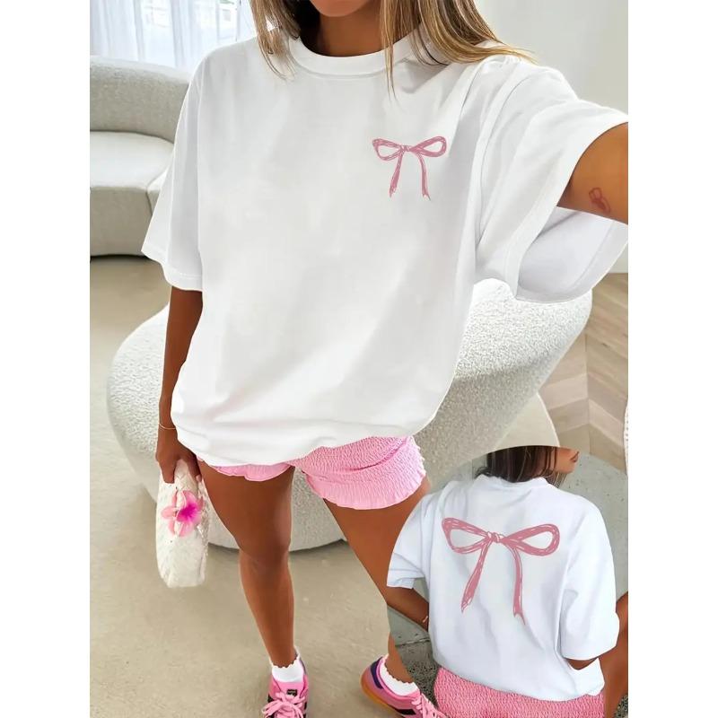 Women's Bowknot Print Round Neck Tee, Casual Chic Minimalist Short Sleeve Crew Neck T-shirt for Summer, Fashion Women's Top for Daily Wear, Lady Tshirt