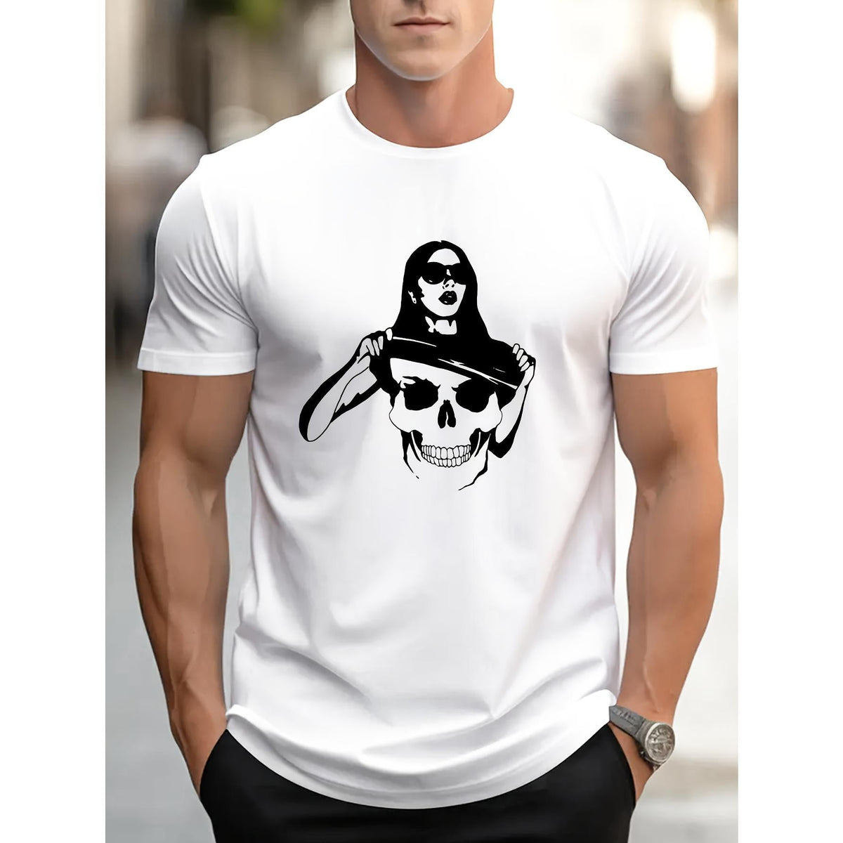 Women's Cotton Short-Sleeve Crew Neck Pull-On Lightweight Soft T-Shirt - Skull & Beauty Print, Summer Casual Top, Wide Spectrum Sizes, Pure Cotton Clothing, Skull Print, Breathable, Comfortable Fit, Regular Sleeve, Custom Prints