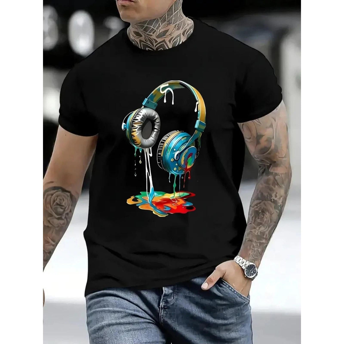 Colorful Dripping Headphones DJ Music Lover Graphic T-Shirt