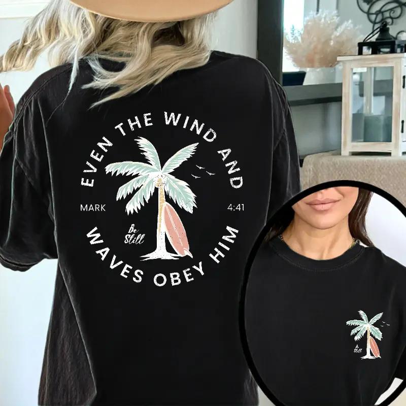 Christian Bible Verse Pattern T Shirt, Beachy Backprint Tops, Trendy Coconut Tree Shirt Unisex Tee Teen Baptism Gift Ocean Inspired Style Womenswear Printed