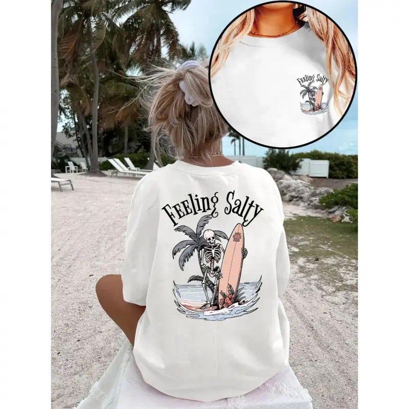 Womens Short Sleeve Cotton Graphic Tee Feeling Salty Surf Skeleton Print Beach Vacation Summer Casual Crewneck Soft Breathable Everyday Top
