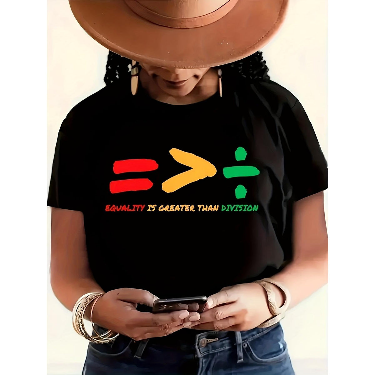 Equality Is Greater Than Division Tee - Bold Black Women's T Shirt - Short Sleeve Slim Fit Casual Graphic Tee Featuring Eye-Catching Red, Green, and Yellow Text with Symbolic Signs for Equality | Perfect for Making a Statement | Casual Wear for Everyday
