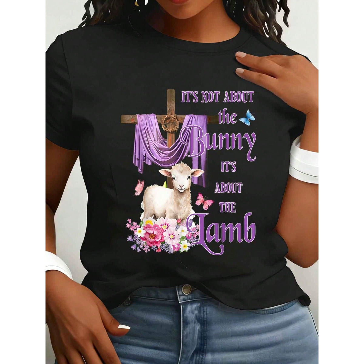 Easter Women T Shirt Lamb And Cross With Purple Drapery And Flowers Print Short Sleeve Round Neck Casual Easter Outfit 220g