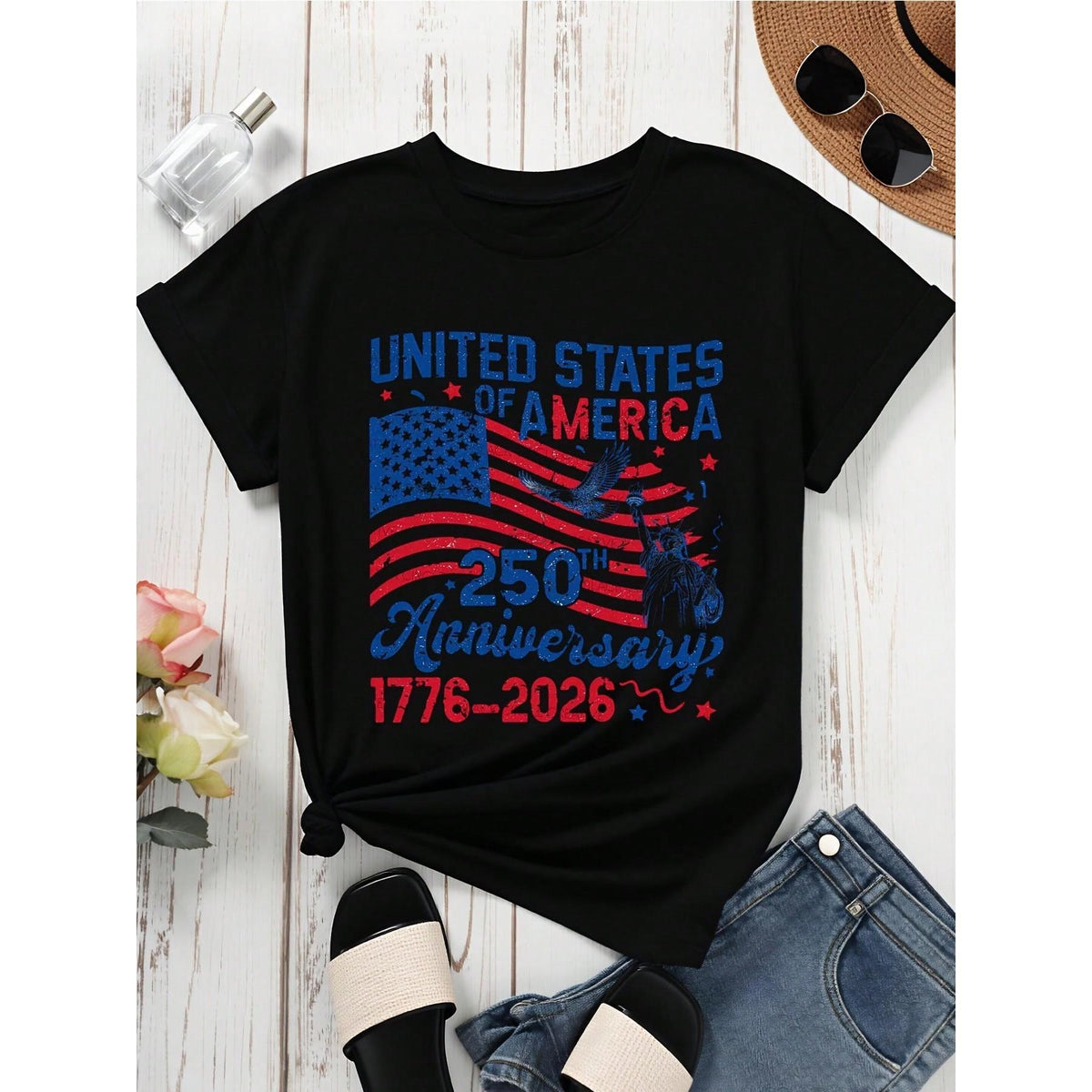 United States Of America 250th Anniversary 1776 2026 Patriotic T-Shirt With American Flag And Statue Of Liberty Design For Independence Day Celebration