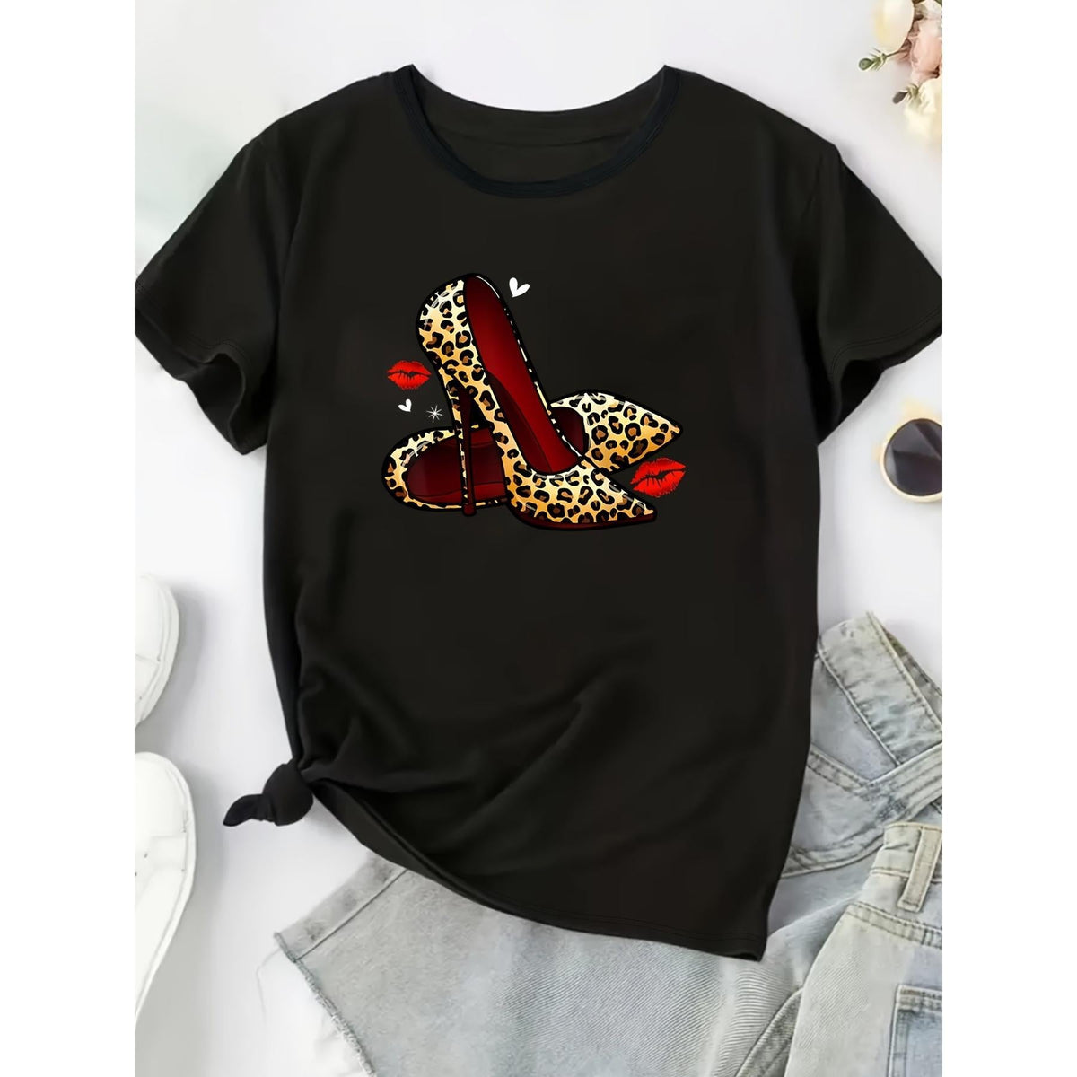 Vibrant Leopard Print Casual Crew Neck Short Sleeve T-Shirt - Soft Mid-Elasticity Polyester Fabric, Regular Length, Perfect for Spring and Summer - Womens Fashionable Crew Neck Top