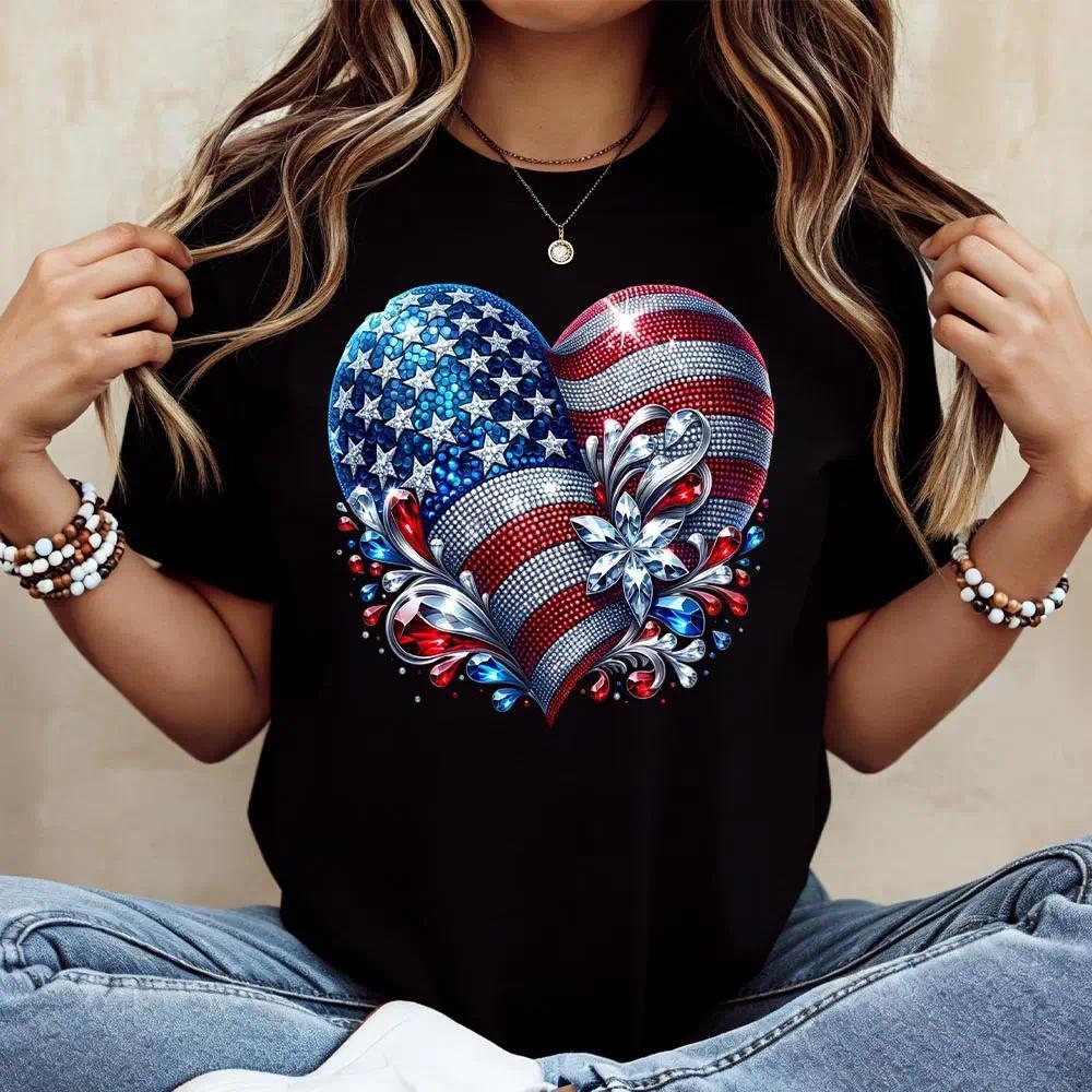 American Flag Heart Design Cotton Casual Crew Neck Short Sleeve Regular Sleeve Summer T-Shirt Machine Washable Not Dry Clean Made In USA