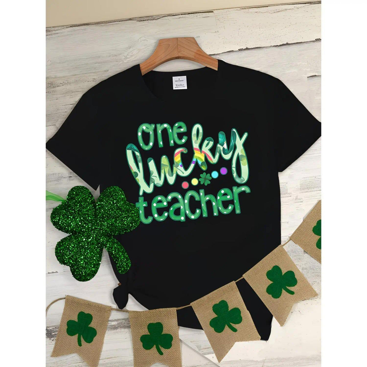 Lucky Teacher St Patrick Day T Shirt Featuring One Lucky Teacher Print Casual Crew Neck Short Sleeve for Spring and Summer