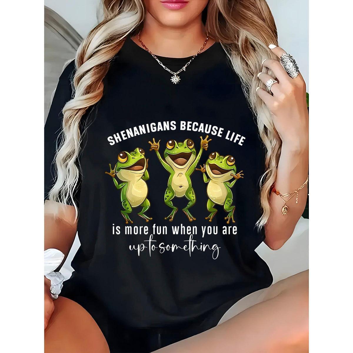 Fun Cartoon Frogs Dancing T-Shirt - "SHENANIGANS BECAUSE LIFE" Graphic Tee with Cursive Quote - Cute and Whimsical Black Top for Women - Perfect for Casual Wear, Parties, or Just a Fun Day Out - Great Gift for Friends and Family Who Love Frogs and Humor!