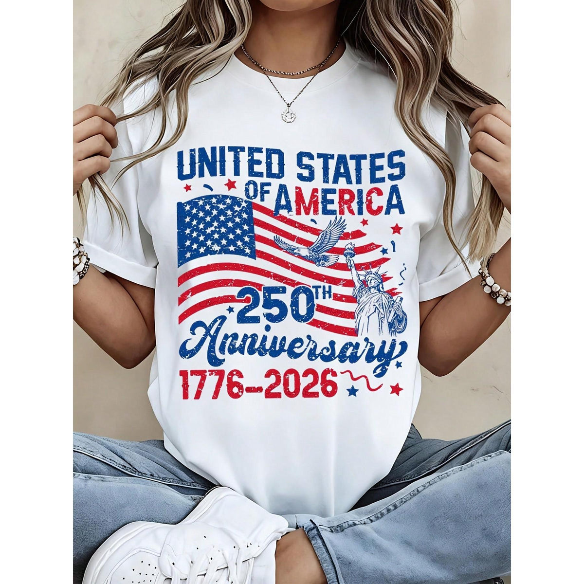United States Of America 250th Anniversary 1776 2026 Patriotic T-Shirt With American Flag And Statue Of Liberty Design For Independence Day Celebration