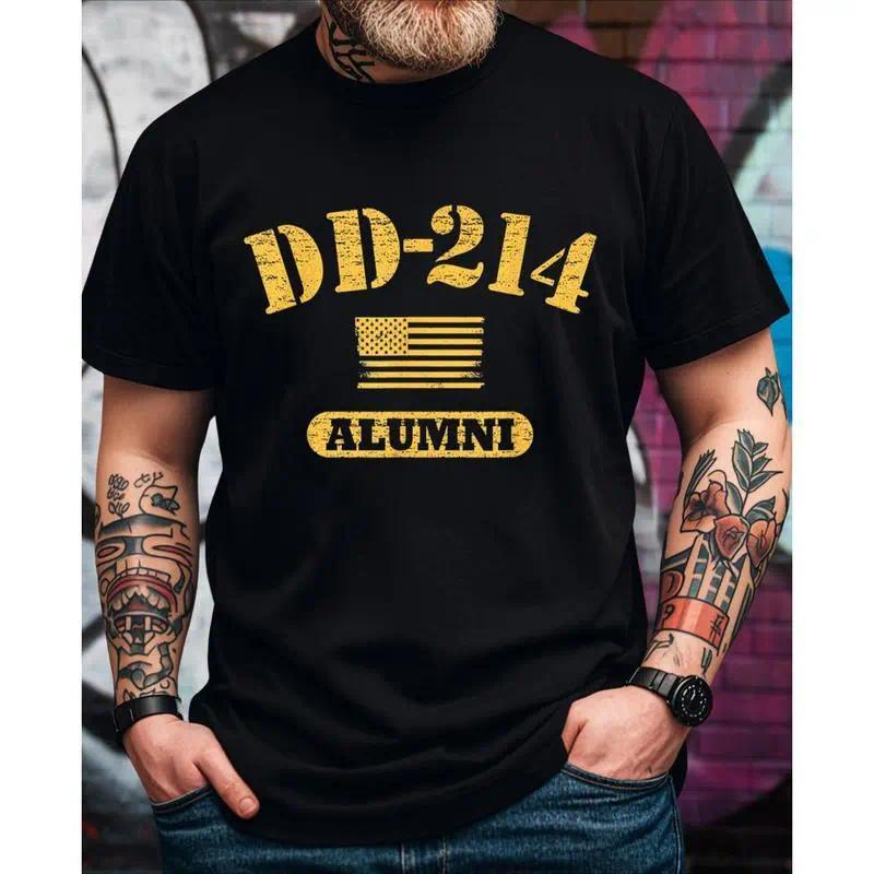 Vintage DD 214 Alumni American Army Graphic T-Shirt for Men - Funny Saying, Short Sleeve, Crew Neck, Classic Fit Tee - Ideal Gift for Husband, Dad, Grandpa
