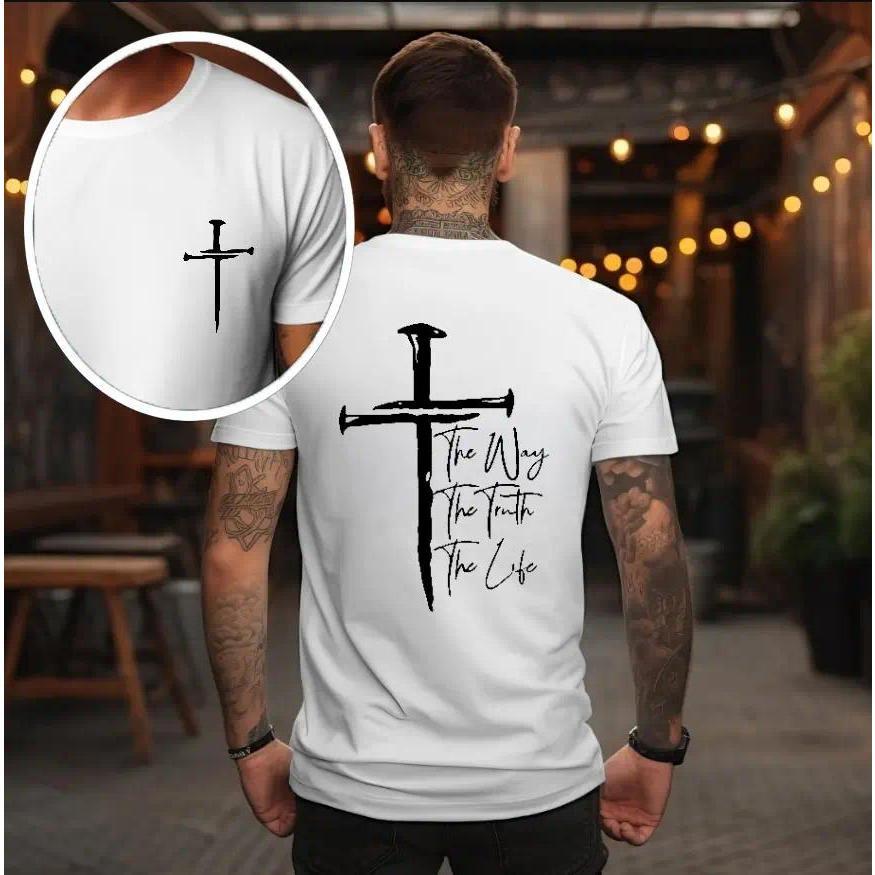 The Way, The Truth, The Life T-Shirt - Bold Cross Design with Inspirational Scripture, Relaxed Fit, Short Sleeve, Machine Washable - Menswear, Christian Apparelfect Gift Classic Cotton
