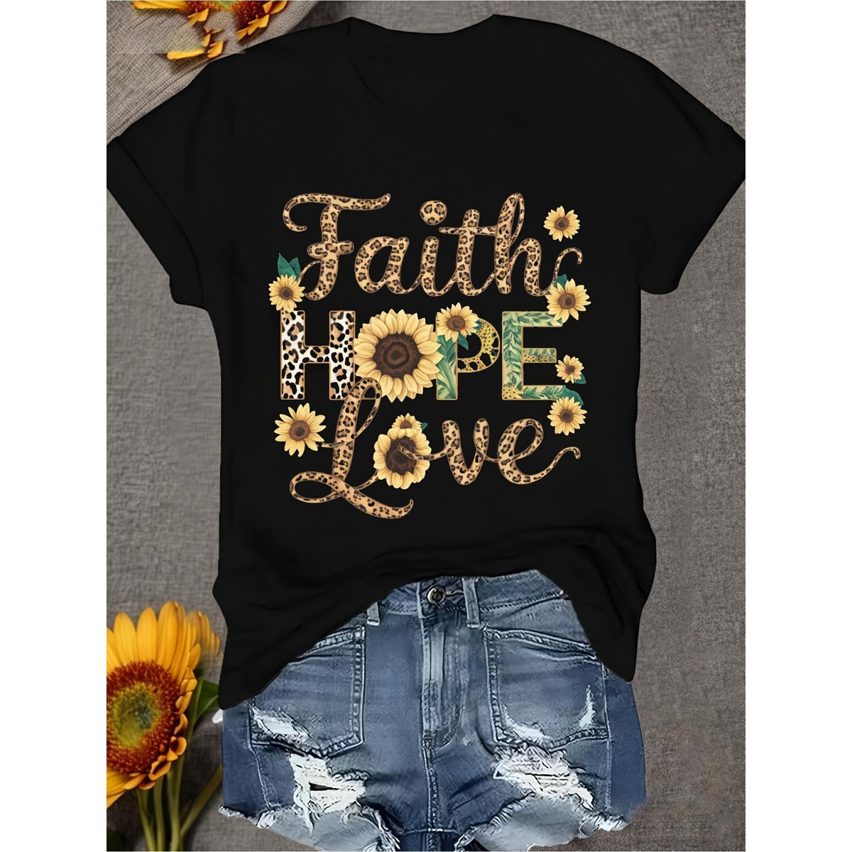 & Plus Size Faith Hope Love T-Shirt - 100% Cotton Inspirational Apparel with Sunflower & Verse Design, Lightweight Quick-Dry Casual Church Wear, Preshrunk Fit (S-XXXL)